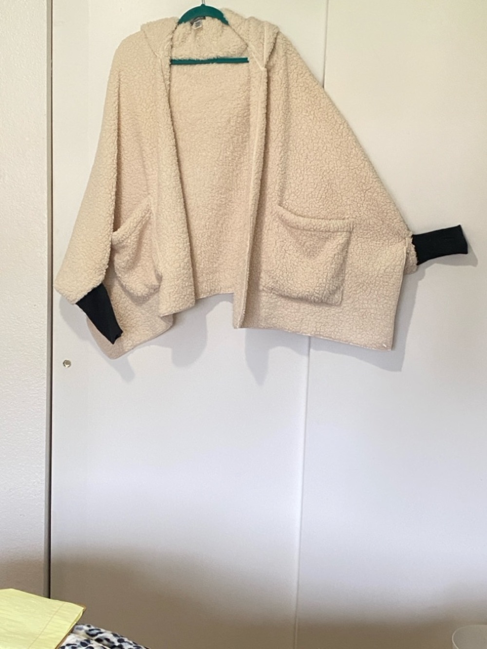 Demdaco Cream Sherpa Hooded Poncho with Black Cuff Detail